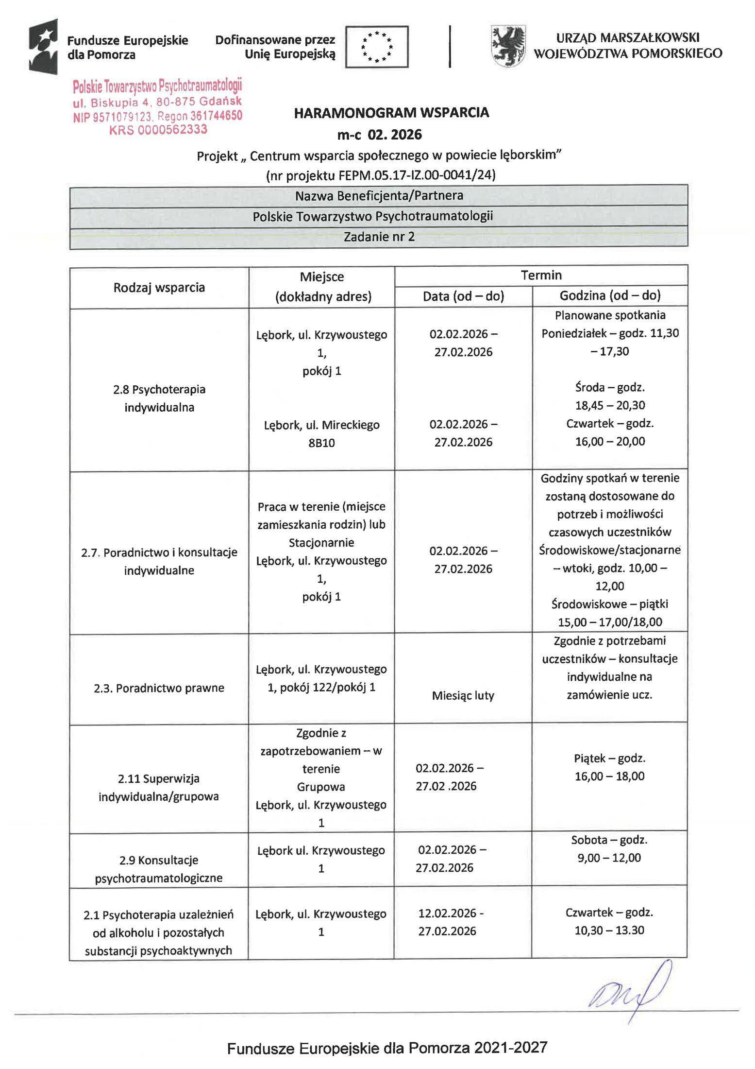 Aktualny harmonogram wsparcia