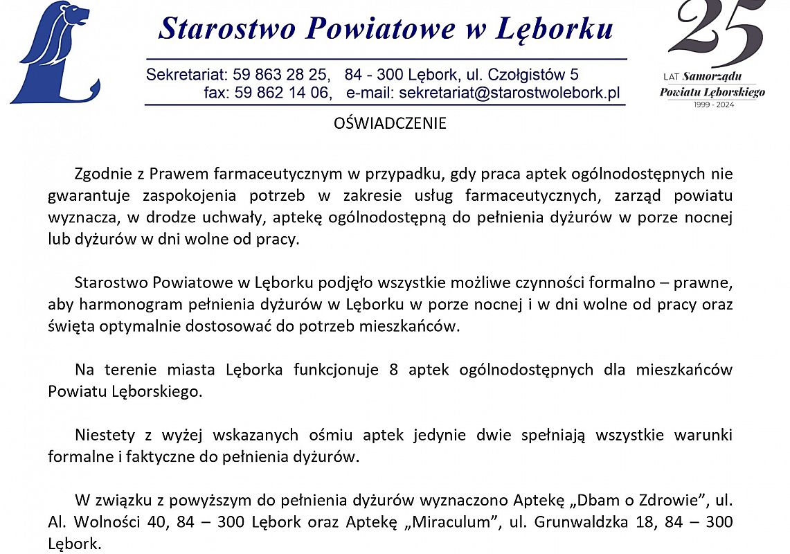 Oświadczenie w sprawie dyżurów